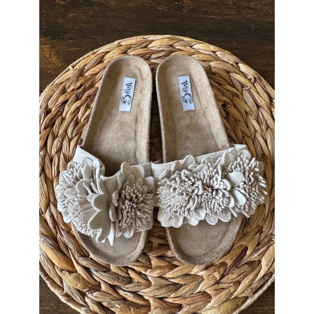 Very G Cream Floral Applique Cork Footbed Slide Sandals Boho Summer Shoes 7.5